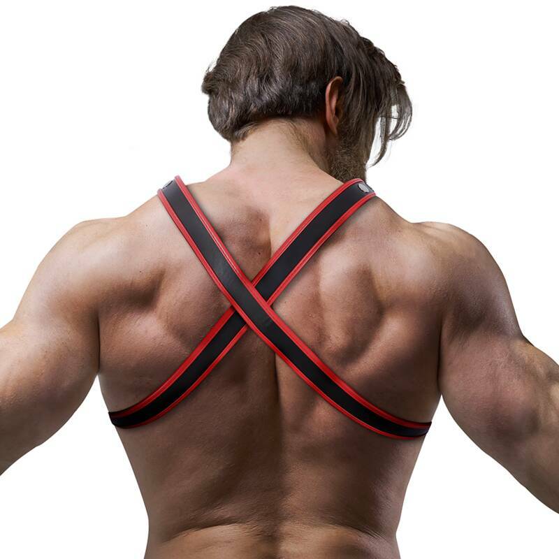 FETISH SUBMISSIVE ATTITUDE - MENS ECO-LEATHER CHEST BULLDOG HARNESS BLACK/RED