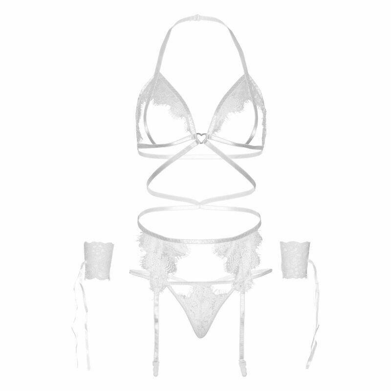 LEG AVENUE - FOUR PIECES SET BRA, G-STRING, GARTER BELT & WRIST CUFFS ONE SIZE - WHITE