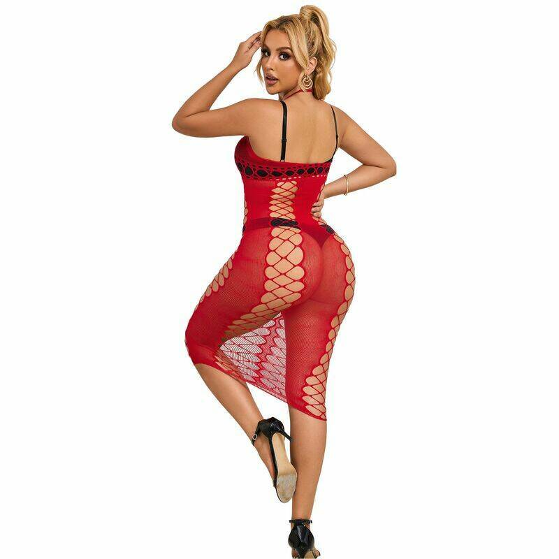 SUBBLIME - 952327 LONG RED FISHNET DRESS ONE SIZE