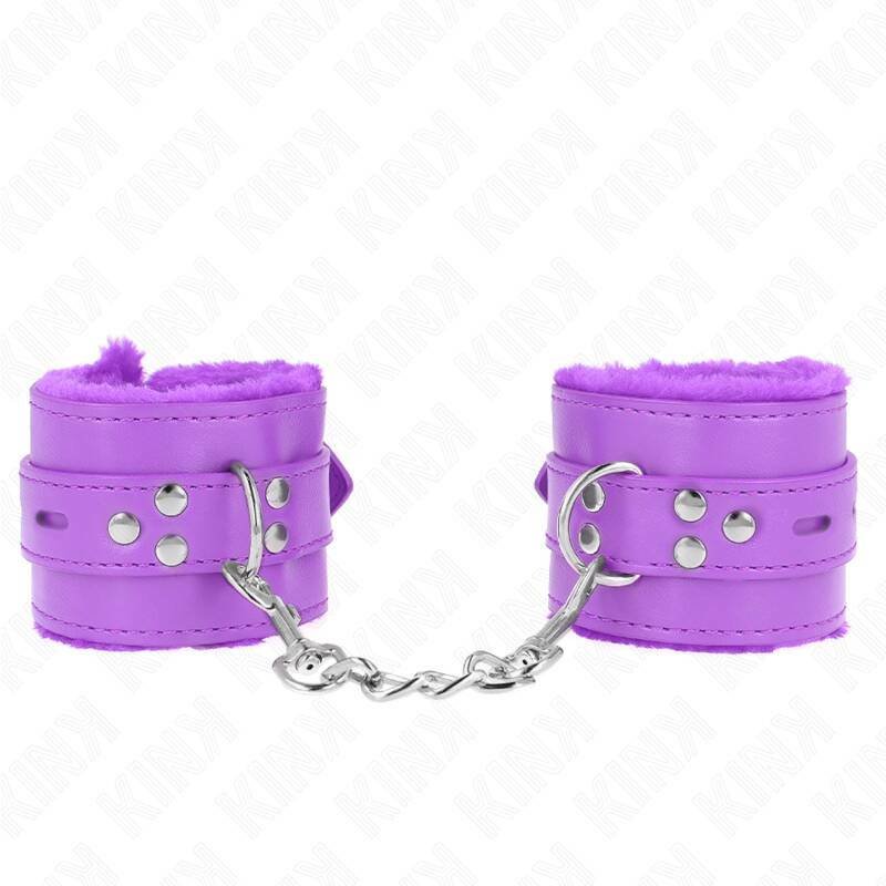 KINK - FUR LINED WRIST RESTRAINTS WITH SQUARE HOLES PURPLE AND PURPLE BELT ADJUSTABLE 17-29 CM X 6 CM