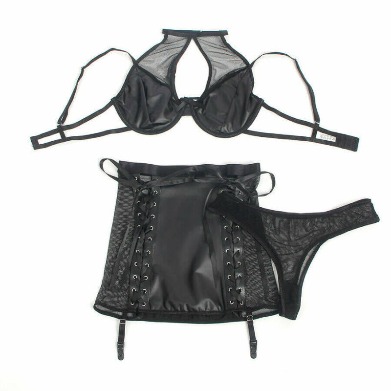 SUBBLIME - 957599 LEATHER BRA AND SKIRT SET BLACK L/XL