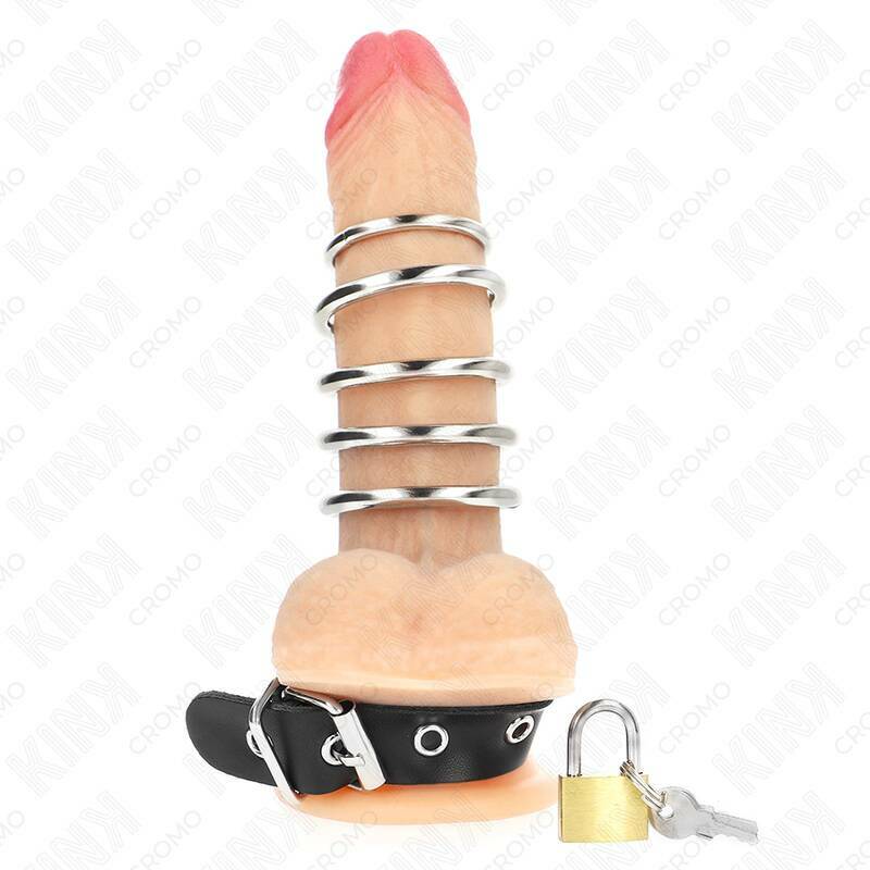 KINK - LEATHER PENIS RING WITH LOCK STRAP 21 X 2 CM AND 5 METAL RINGS FROM 3 CM TO 4 CM
