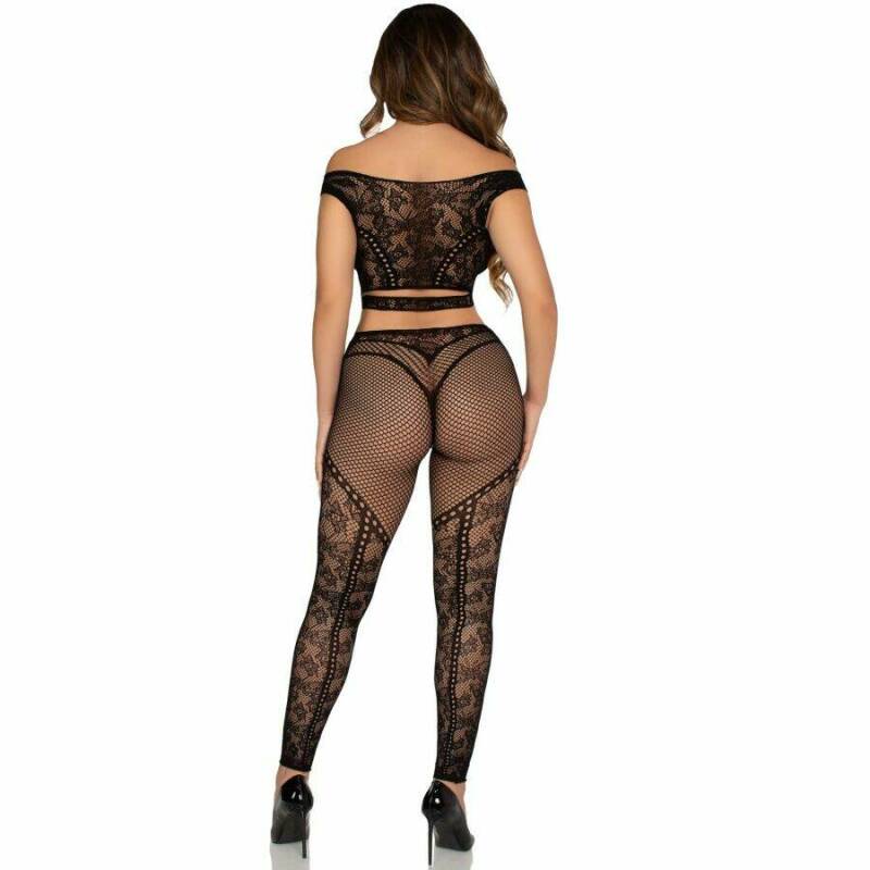 LEG AVENUE - CROP TOP AND FISHNET LEGGING WITH BARE SHOULDERS BLACK